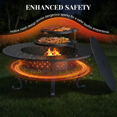 43 Inch Outdoor Fire Pit Table With Two Removable Grills, Lid, And Poker showing grilling food above a wood-burning bonfire.