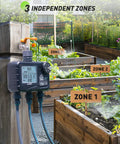 Three Zone Sprinkler Timer For Lawn And Garden With No Fuss Programmable Watering Modes Auto Manual Rain Delay IP65 Waterproof With Large LCD Screen And Fortified Valve For Strong Water Flow mounted on garden post