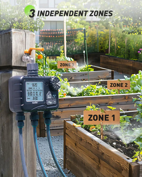 Three Zone Sprinkler Timer For Lawn And Garden With No Fuss Programmable Watering Modes Auto Manual Rain Delay IP65 Waterproof With Large LCD Screen And Fortified Valve For Strong Water Flow mounted on garden post