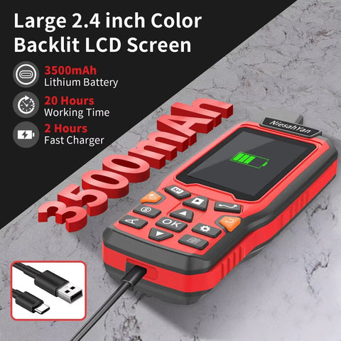 Built Tough Handheld GPS Surveying Tool With GPS GLONASS For Pro Grade, Real World Field Use, Perfect For Ranches, Gardens, Farmland And Parking Lots, Lightning Fast Positioning, Area Accuracy To 0.003 Acres, No Waypoint Saving, red handheld device with 2.4 inch LCD screen and USB charging cable