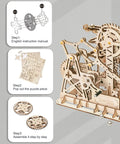 Assembly steps for the Fortress Tower Marble Run Puzzle Kit With Interlocking Gear Mechanics 3D Wooden Coaster Build For DIY Fun Brain Teaser Marble Run Toy Epic Gift For Adults And Teens 14 Plus