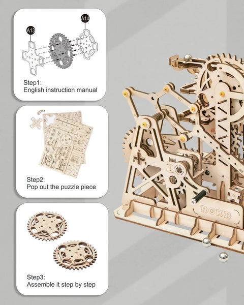 Assembly steps for the Fortress Tower Marble Run Puzzle Kit With Interlocking Gear Mechanics 3D Wooden Coaster Build For DIY Fun Brain Teaser Marble Run Toy Epic Gift For Adults And Teens 14 Plus