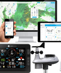 Display of Falcon WS-8480A Fan Aspirated Smart WiFi Weather Station showing real-time data on devices and black console