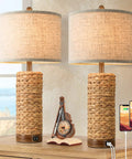 Set Of 2 Rattan Table Lamps For Living Room With USB Ports, 27 Inch Tall Rustic Seagrass Bedside Lamps On Table, Coastal Style