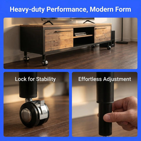 Adjustable Telescoping Metal Desk Legs With Swivel Casters For Heavy Furniture Leveling Feet, black metal leg on TV cabinet