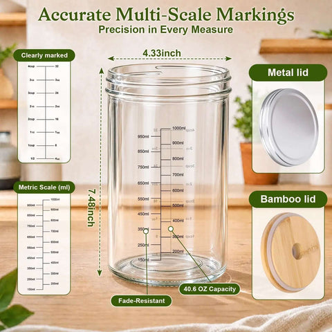 40 Oz Glass Blending Cup For Immersion Blenders With Dual Sealed Lids Wide Mouth Measuring Beaker for precise measurements and dual lids.