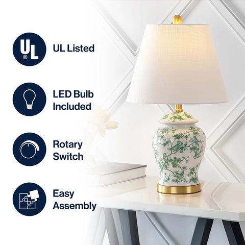 22 Inch White And Green Ceramic Table Lamp With White Linen Shade, French Country Chinoiserie Ginger Jar Bedside Lamp