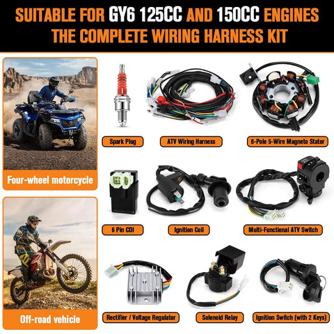 All In One Wiring Harness Kit For 125cc And 150cc GY6 Engines with components like CDI, stator, ignition coil, and switches.