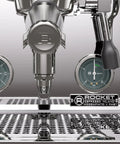 Close-up of Mozzafiato FAST V Espresso Machine With Vibratory Pump, Heat Exchanger, PID Temperature Control, Chrome Finish.