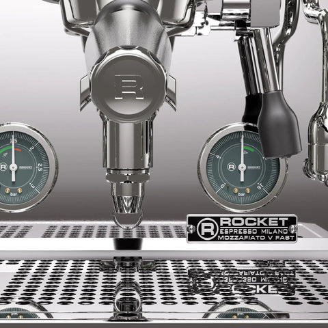 Close-up of Mozzafiato FAST V Espresso Machine With Vibratory Pump, Heat Exchanger, PID Temperature Control, Chrome Finish.