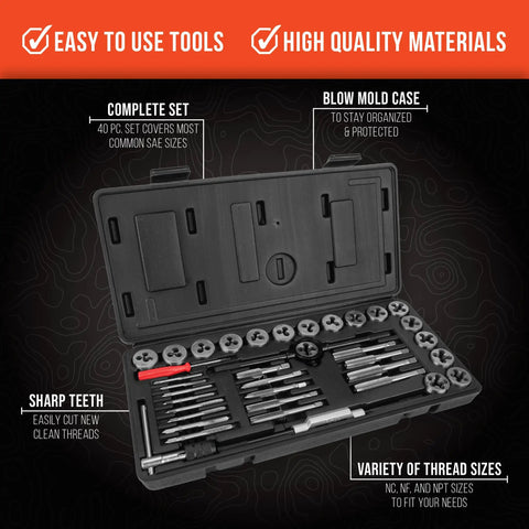 Kickstart Your Garage Projects With This Slick 40 Pc SAE Tap And Die Set Featuring Precision Built Taps And Dies For Creating Strong Internal And External Threads In Steel And Iron Without Breaking The Bank, 40 pc case