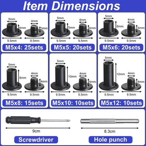 100 Sets Black Chicago Screws Leather Rivets Kit For Fabric And Leather Crafting With 6 Size Assortment Chicago Binding Screws Display