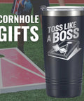 Cornhole Travel Tumbler 20 Oz Stainless Steel Cup For Men Birthday Gift with toss design on black finish.