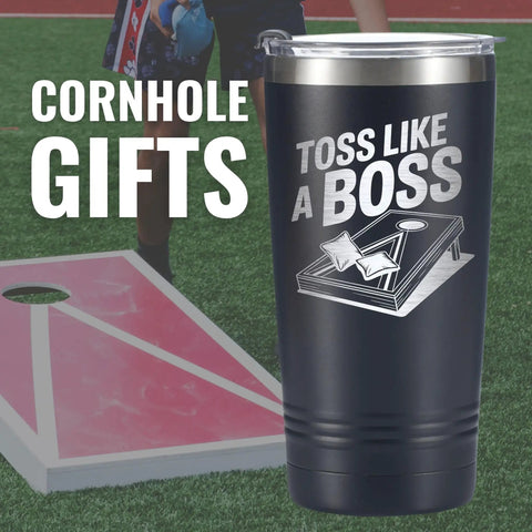 Cornhole Travel Tumbler 20 Oz Stainless Steel Cup For Men Birthday Gift with toss design on black finish.