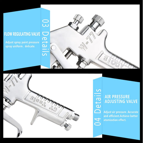 Professional Pressure Feed Air Spray Paint Gun Featuring Precision Nozzle For Smooth Home And Auto Coating Jobs To Ace Your Painting Tasks Built Tough And Ultra Slick Finish showing flow regulating and air pressure adjusting valves.