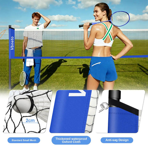 Portable Badminton Set With Anti Sag Net System Pro Grade Regulation Size 20 Foot By 5 Foot Easy Setup Durable Outdoor Net Includes 4 Rackets 3 Shuttlecocks 6 Poles And Carry Bag For Backyard Beach Park Family Fun displayed outdoors