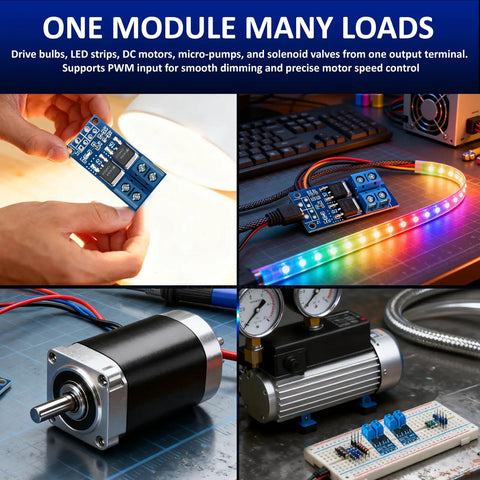 Dual High Power MOSFET Trigger Switch Drive Module controlling LEDs, motors, and pumps for DC motors and lighting projects