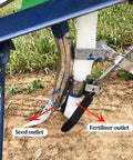 Hand Push Garden Seeder Walk Behind Row Planter Manual Seeder Machine showing seed and fertilizer outlets on soil