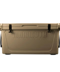 Bombproof 125 Quart Insulated Cooler Tough As Nails Rotomolded Hard Ice Chest in tan, front view showing sturdy latches.