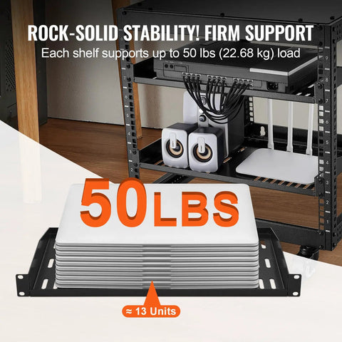 Two Pack 1U Server Rack Shelves With Vented Cantilever Tray for 19 Inch Racks supporting 50 lbs, showing weight capacity