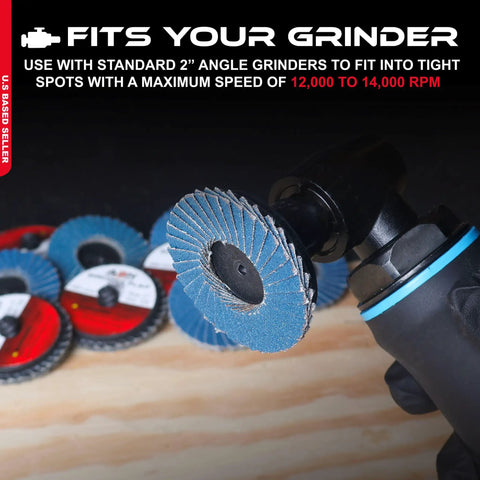 Two Inch 120 Grit Zirconia Aluminum Oxide Sanding Discs Set, 10 Pack shown on angle grinder in use