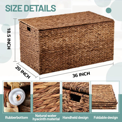 Large Water Hyacinth Wicker Storage Chest With Metal Frame, 36 x 20 x 18.5 inches, brown, showing detailed design features