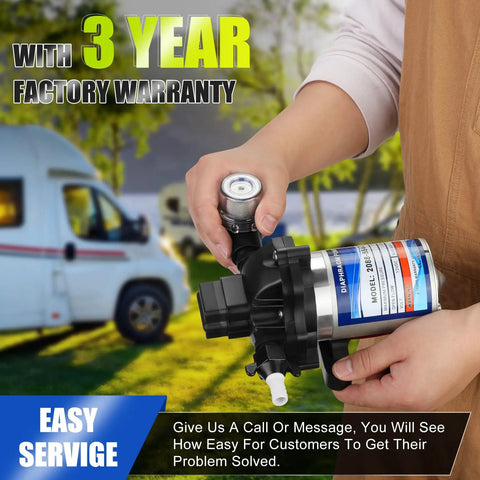 Person holding 12V Fresh Water Pump For RV And Boat, Diaphragm Pump With 3.5 GPM, 45 PSI, 1/2 NPT Connection, Low Noise Operation, Detachable Filters