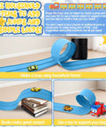 15 Foot Cobalt Blue Flexible Race Car Track With Two Lanes Includes Suction Cups Built For Epic Mini Races And Stunts Compatible With Diecast 1 50th Cars Like Hot Wheels And Matchbox Endless Layouts For Jumping Merging And Marathon Play shown with household items for jumps and loops