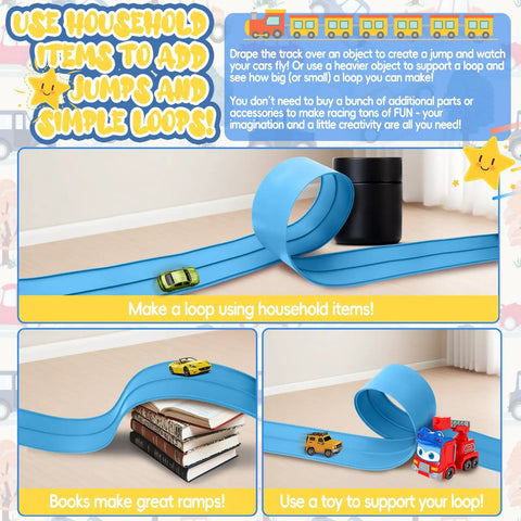 15 Foot Cobalt Blue Flexible Race Car Track With Two Lanes Includes Suction Cups Built For Epic Mini Races And Stunts Compatible With Diecast 1 50th Cars Like Hot Wheels And Matchbox Endless Layouts For Jumping Merging And Marathon Play shown with household items for jumps and loops