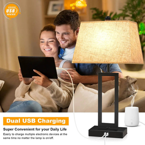 Set Of 2 Touch Control Table Lamps With USB Ports, 3-Way Dimmable Bedside Nightstand Lights For Bedroom And Living Room, Modern Fabric Shade Table Lamps With LED Bulbs Included