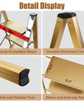 Foldable 3 Step Stool Ladder In Gold Aluminum For Kitchen And Closet Ultra Lightweight With 330 Lb Capacity Anti Slip Wide Pedals Portable For Kids And Adults No Assembly Required Space Saving Design Folded Thickness 1.9 Inches, detail of wide anti-slip pedal and aluminum frame