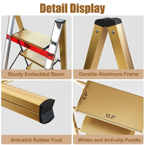 Foldable 3 Step Stool Ladder In Gold Aluminum For Kitchen And Closet Ultra Lightweight With 330 Lb Capacity Anti Slip Wide Pedals Portable For Kids And Adults No Assembly Required Space Saving Design Folded Thickness 1.9 Inches, detail of wide anti-slip pedal and aluminum frame