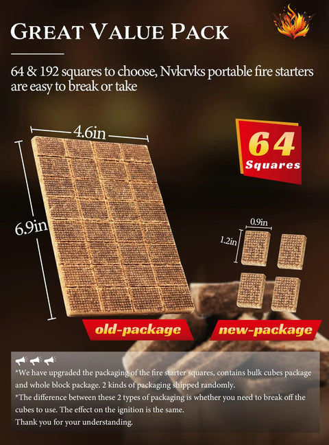 Easy Burn Fire Starter Squares For Wood Stoves No Mess Campfires Grills And Fireplaces Natural Waterproof BBQ Fire Starters 64 Mini Squares Quick Lighting For Backyard Campouts And Cozy Evenings, showing two package types with dimensions.