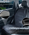 Image of Universal Car Seat Protector for Kids and Pets shown in a car with focus on waterproof non-slip leather mat and mesh pockets.