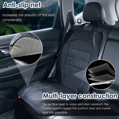 Image of Universal Car Seat Protector for Kids and Pets shown in a car with focus on waterproof non-slip leather mat and mesh pockets.