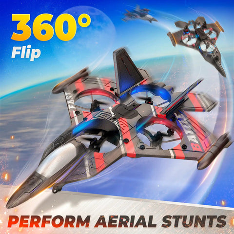 Totally Rad Kid Friendly Drone For 8 To 13 Year Olds With 2.4GHz Remote Control Plane And Fighter Jet Helicopter Dual Mode shown performing 360 degree flip in sky