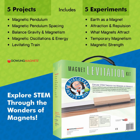 Product packaging of Magnet Levitation Science Kit for Experiments Build a Levitating Train to Explore Gravity Equilibrium and Magnetic Fields Hands On STEM Learning Toy for Students and Curious Minds.