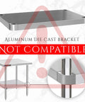 Image showing aluminum die cast bracket as not compatible with galvanized under shelf for 30 by 18 inch work tables.