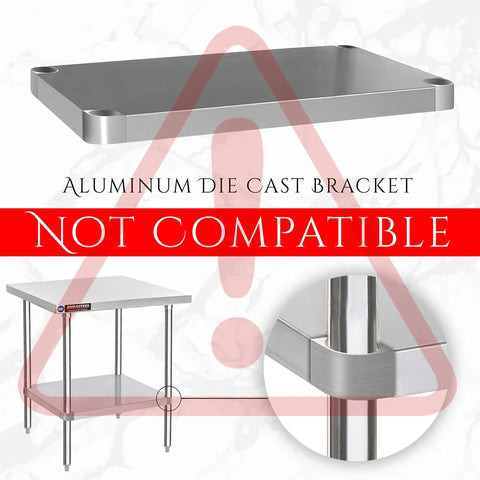 Image showing aluminum die cast bracket as not compatible with galvanized under shelf for 30 by 18 inch work tables.