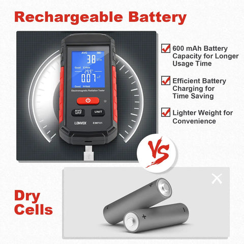 EMF Meter 3 In 1 Electric Field Magnetic Field And Temperature Tester with rechargeable battery comparison to dry cells.