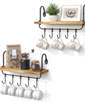 Legit Pine Wood Floating Wall Shelves With Ten Adjustable Mug Hooks For Your Best Coffee Bar Setup Yet Rustic Industrial Brackets And Heavy Duty Storage Rack Totally Kick Up Your Kitchen Or Bathroom Walls. Multi-tiered shelf with mugs and coffee gear.