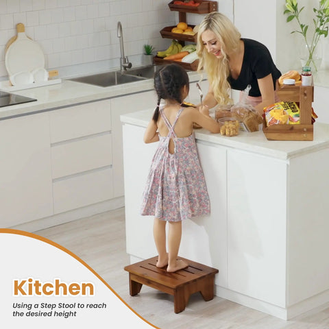 Child using 6.5 Inch Wooden Step Stool For Adults No Assembly Required Handy Boost To Reach High Shelves 500 Lbs Capacity One Step Stool For Bed Riser Kitchen Bath Elderly Seniors Kids Acacia Wood in kitchen