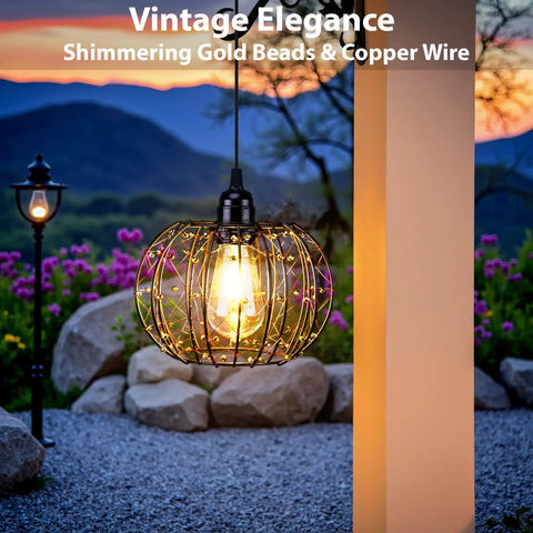 Battery Operated Hanging Chandelier Outdoor Set Of Two With Remote Control Boho Copper Wire Beaded Pendant Light Weatherproof Dimmable Timer For Backyard Hangouts Bringing Straight Fire Vibes To Your Pergola Or Patio Gatherings Tonight, showcasing shimmering gold beads and copper wire.