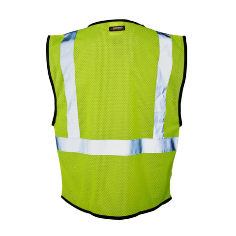 Mens High-Vis Mesh Vest With Zip-Front And Neon Lime Shade To Stay Fresh While Working Hard, back view with reflective stripes.