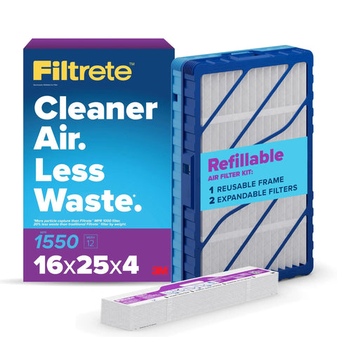 Filtrete 16x25x4 Refillable Air Filter Starter Kit, MPR 1550, MERV 12, showing reusable frame and filters packaging.