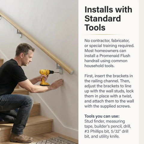 Man installing Oak 3-Foot Flush Handrail Kit for Indoor Stairs using standard tools, showcasing DIY-friendly installation.
