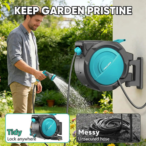Man using Heavy Duty Kink Free Auto Rewind Garden Hose Reel Half Inch, 160 Feet, Wall Mounted on garden wall