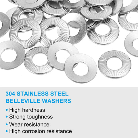 Bad Ass Pack of 304 Stainless Steel Flat Washers M8 18 Mm Belleville Spring Discs plus Conical Knurled Gasket, top view