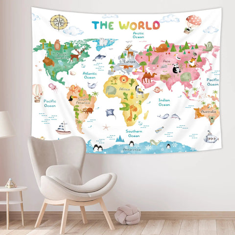 Kids World Map Tapestry 59Wx51Inch Colorful Continents With Wildlife Cartoon Educational Wall Hanging for children's room decor.