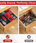 Before and after images of a drawer using 46 Piece Tool Box Organizer Tray Set With Five Sizes And 15Lb Magnetic Pickup Pen